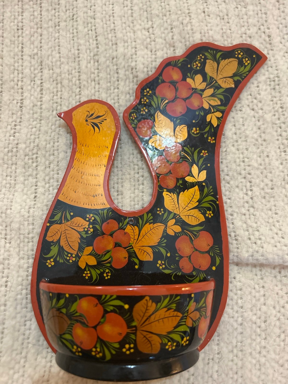 Vintage Russian Khokhloma Hand-Painted Wooden Bird Wall Pocket Spoon Holder