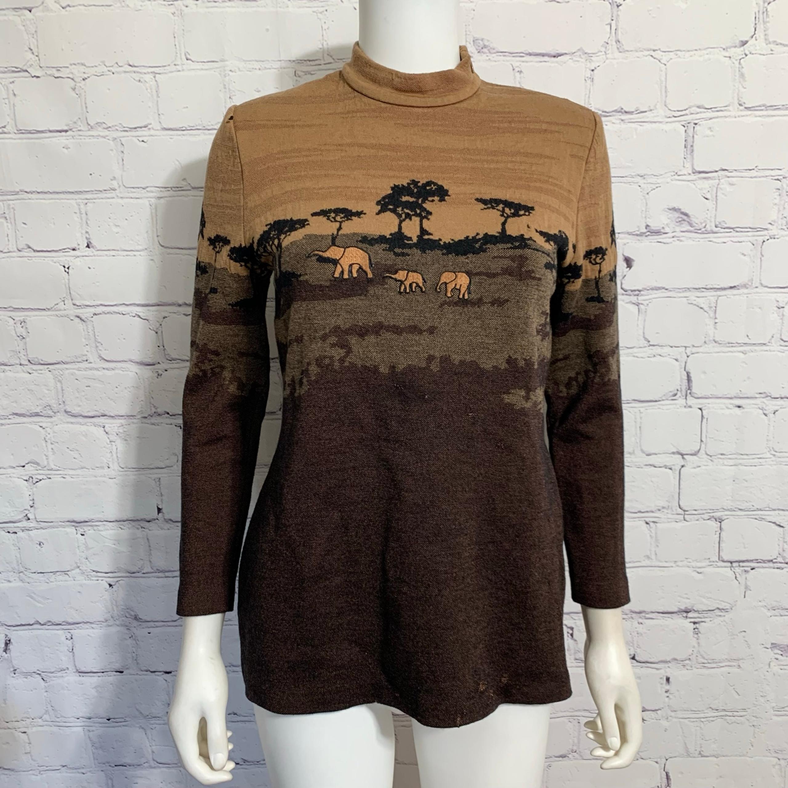 Vtg St. John Marie Gray Women’s Sweater S Brown Safari Print Neckline Zip