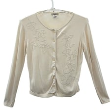 Yarn Works Vintage Cream Knit Floral Beaded Cardigan Sweater Jacket