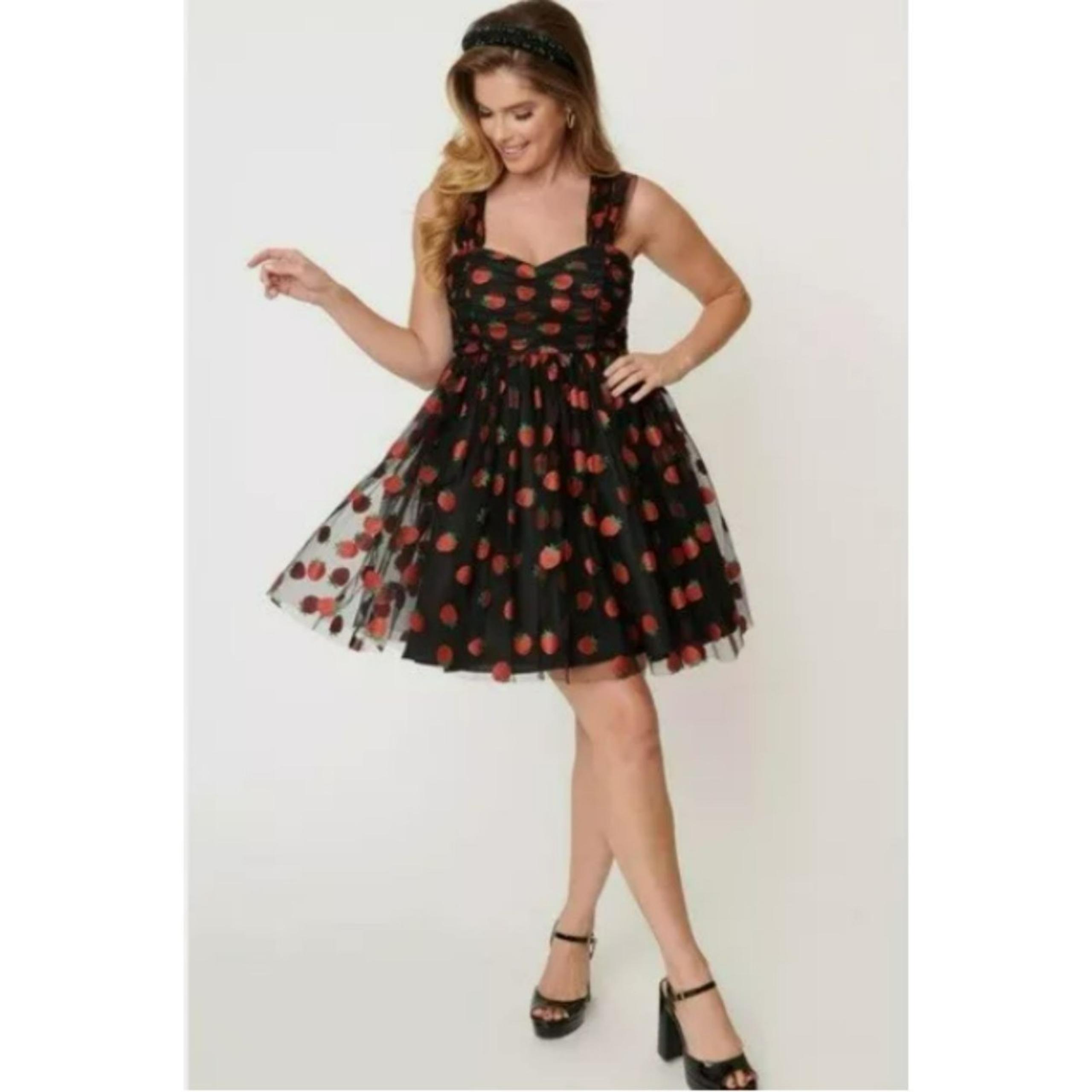 NWT Unique Vintage Glitter Strawberry Black Tulle Baby Doll Dress Large 10-12