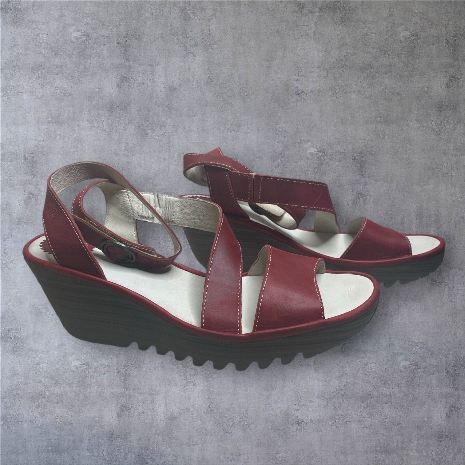Fly London Lipstick Red Leather Strappy Wedge Sandals Womens 11-11.5 (42)