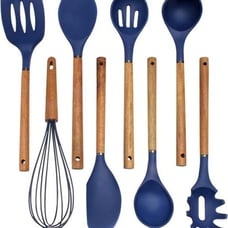 8 pcs kitchen Non Stick Silicone Utensil Set with Rounded Wood Handles