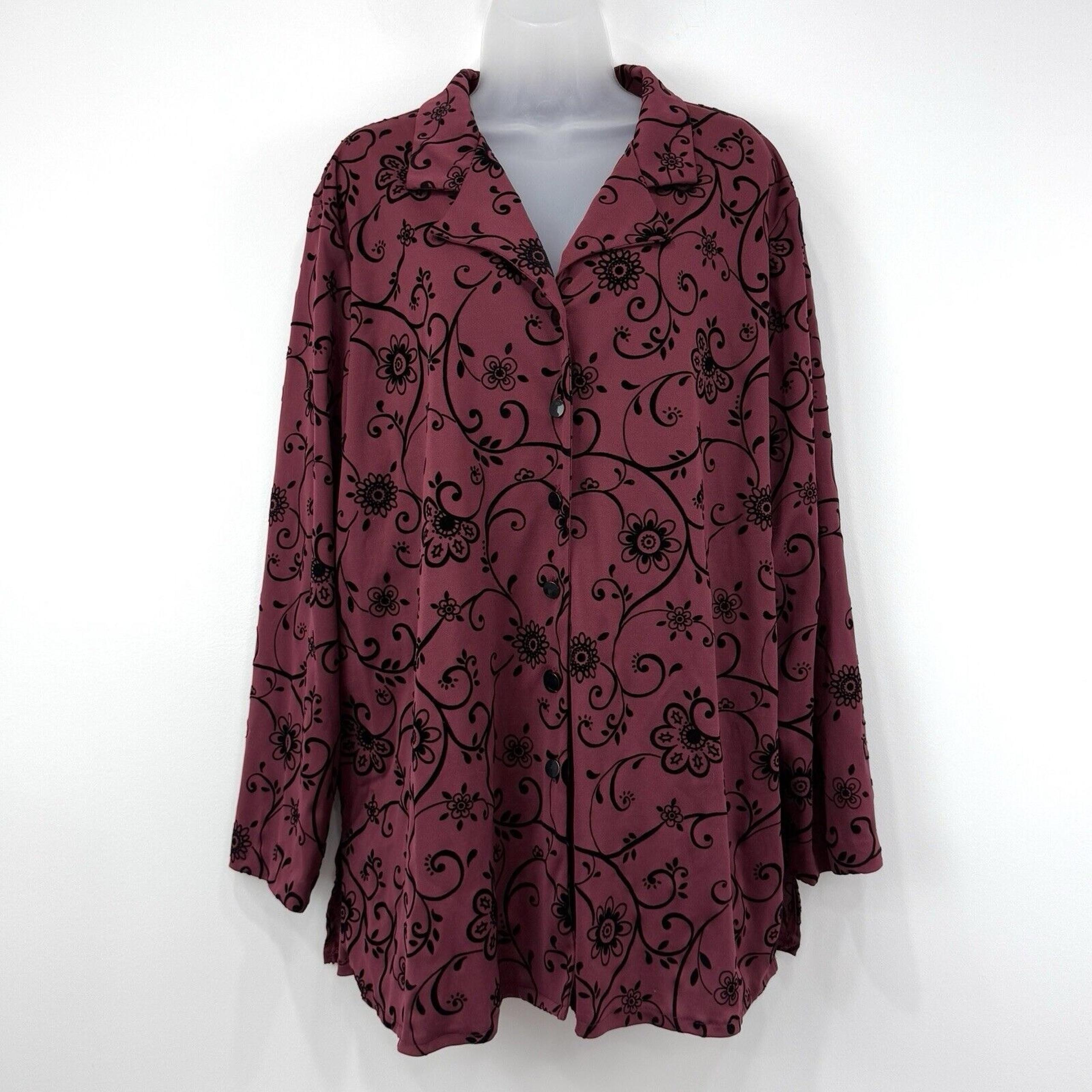 Delta Burke Collection Top Womens 2X Burgundy Floral VTG Velvet Button Up Mature