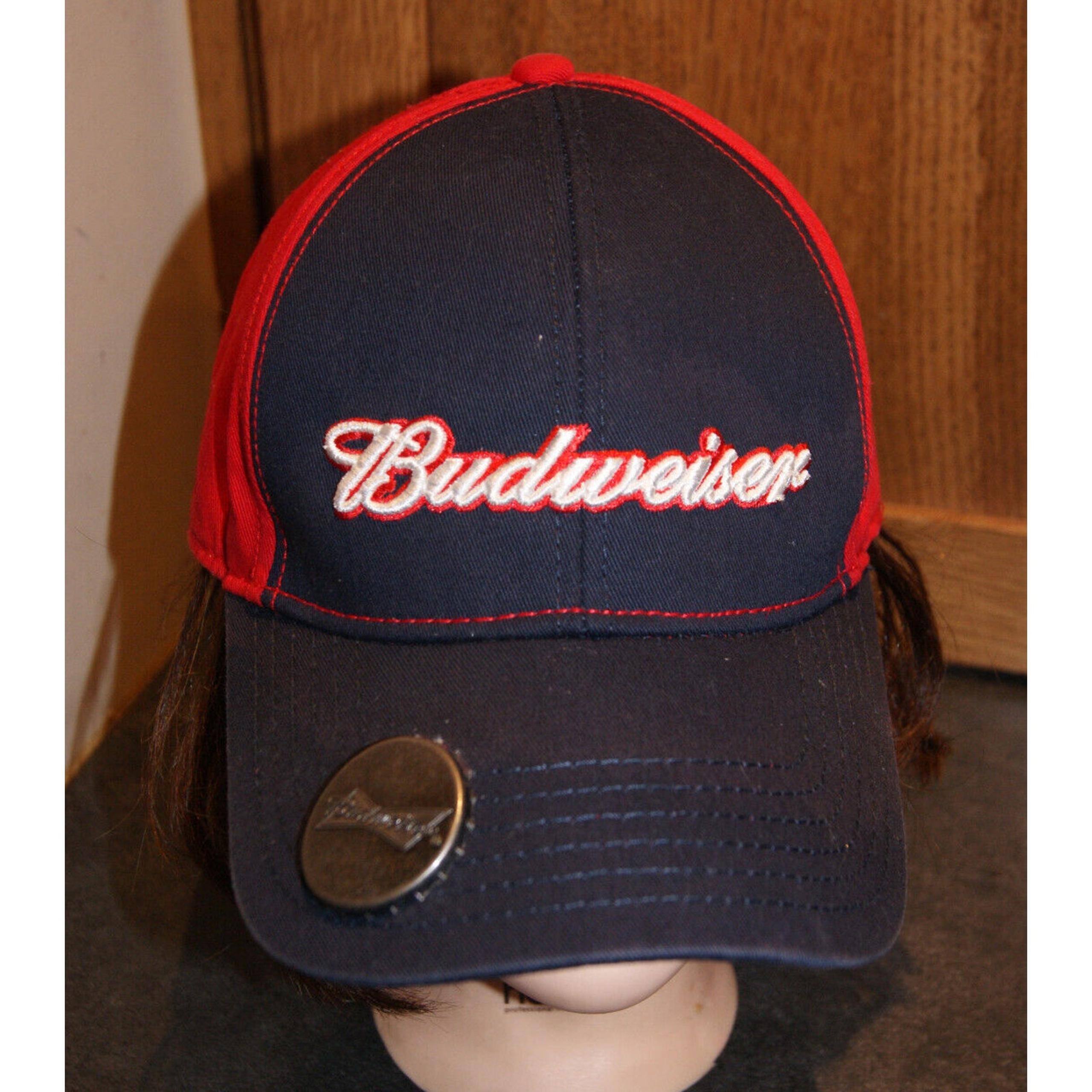 Budweiser Mens Hat Cap Metal Bottle Opener Blue Red Strapback Adjustable