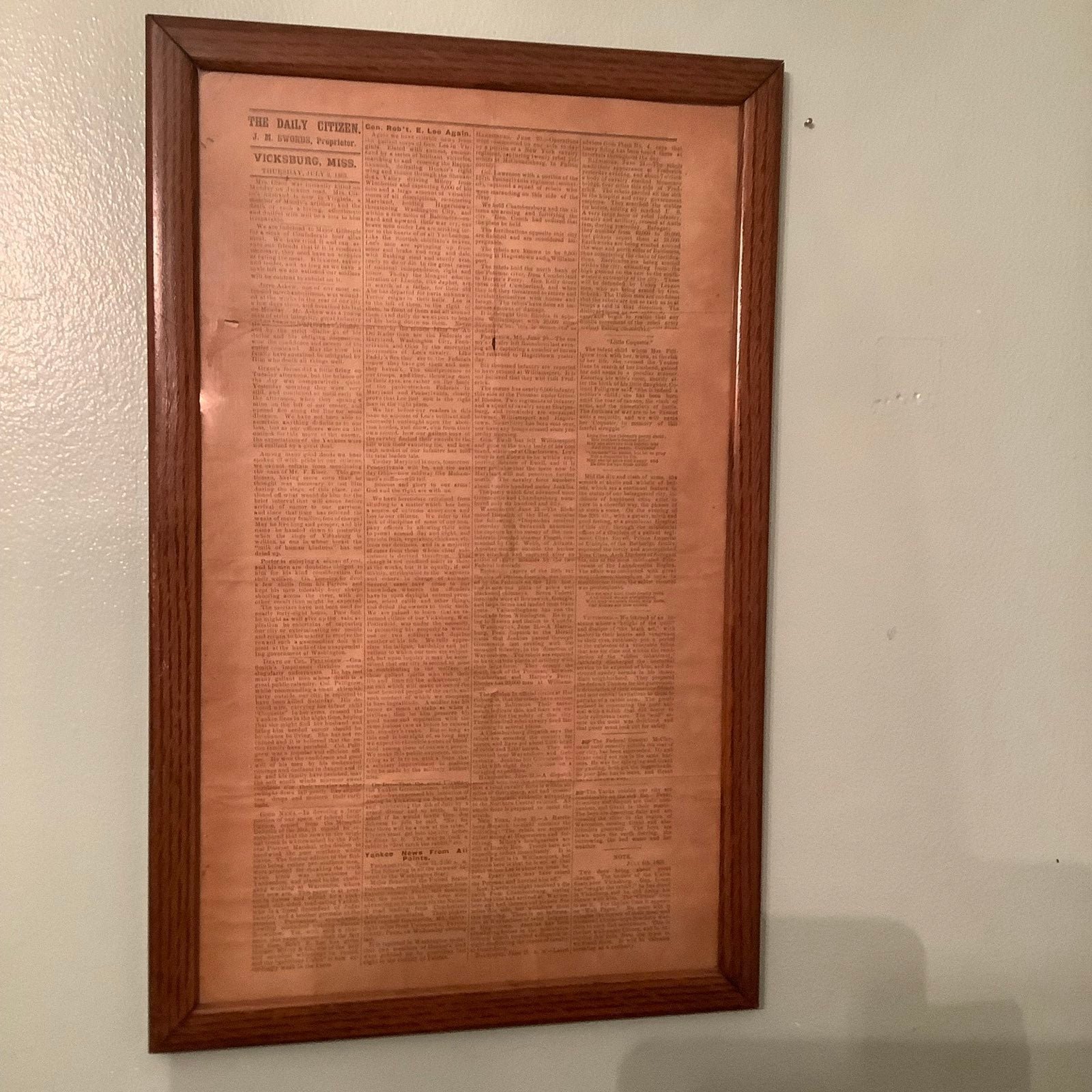 Antique Vicksburg, Miss.-The Daily Citizen Newspaper Reprint on Wallpaper-Civil