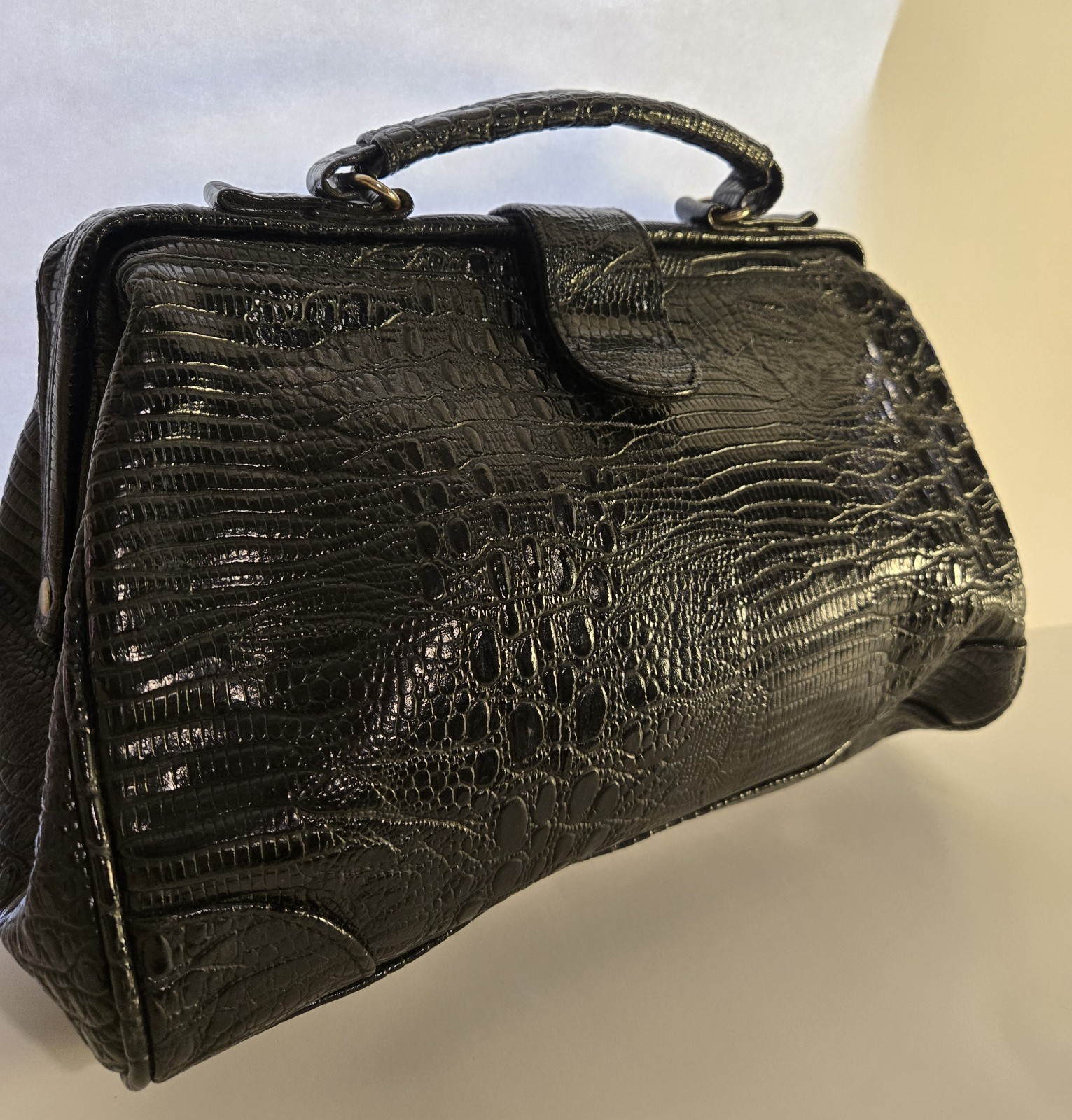 Vintage Schell Black Faux Alligator Leather Doctor’s Style Bag Pacific Express