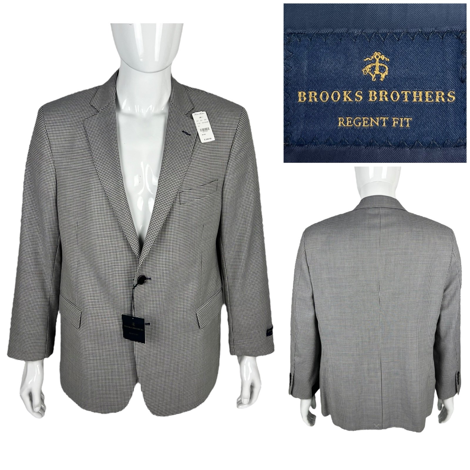 Brooks Brothers Regent Fit Men 44 S Blazer Gray Blue Checks Lambs Wool Blend NWT