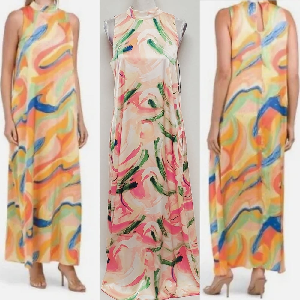 Nicole Miller New York Abstract Watercolor Matte Charmeuse Sleeveless Maxi Dress