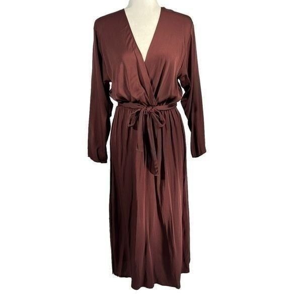 Mossimo Dutti Women's Chocolate Brown Long Sleeve Tie Waist Wrap Dress Medium