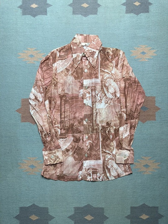 NEW vintage 60s 70s picture print shirt disco dagger collar DEADSTOCK small