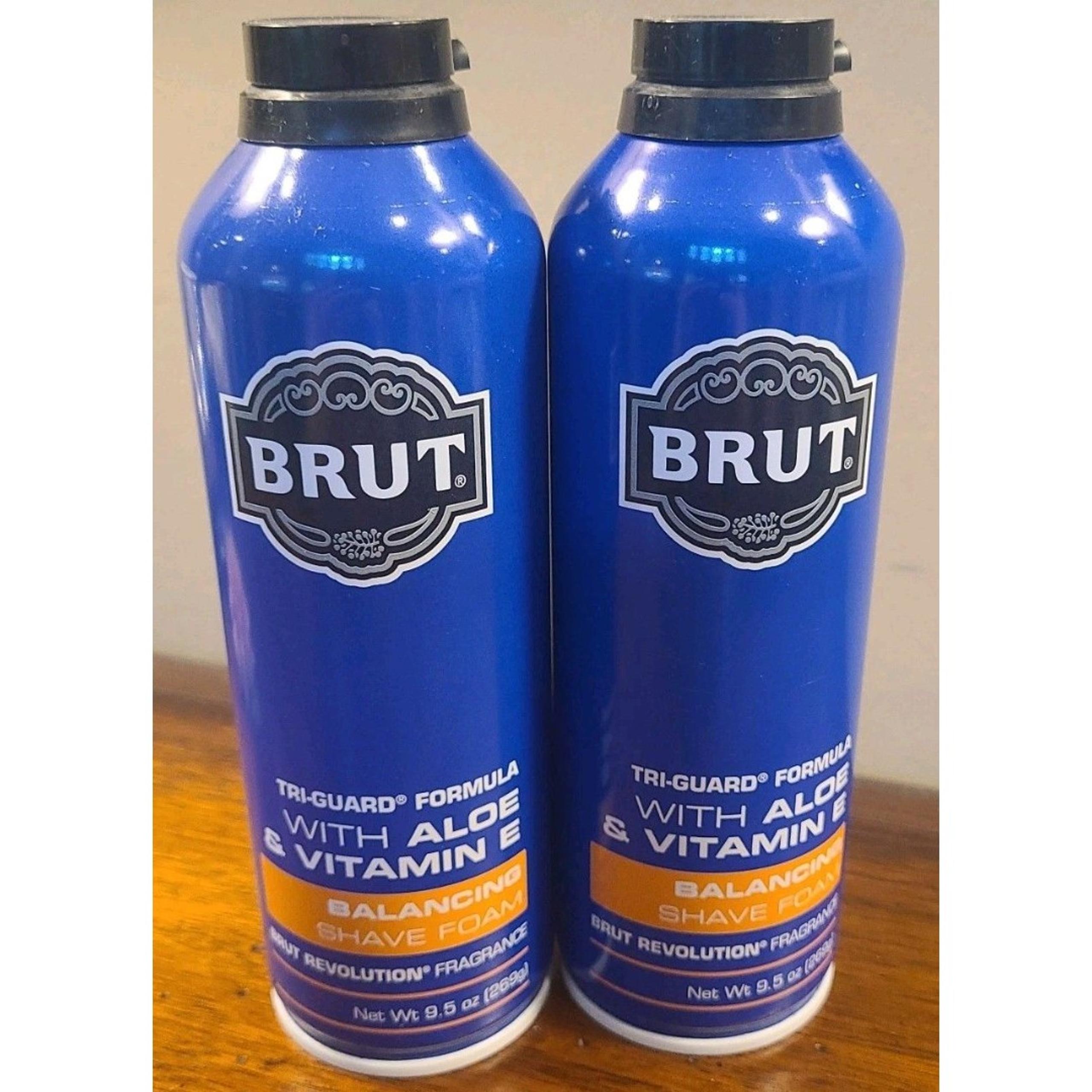 (2) Brut Tri Guard Formula Balancing Shave Foam Aloe Vitamin E 9.5 oz Revolution