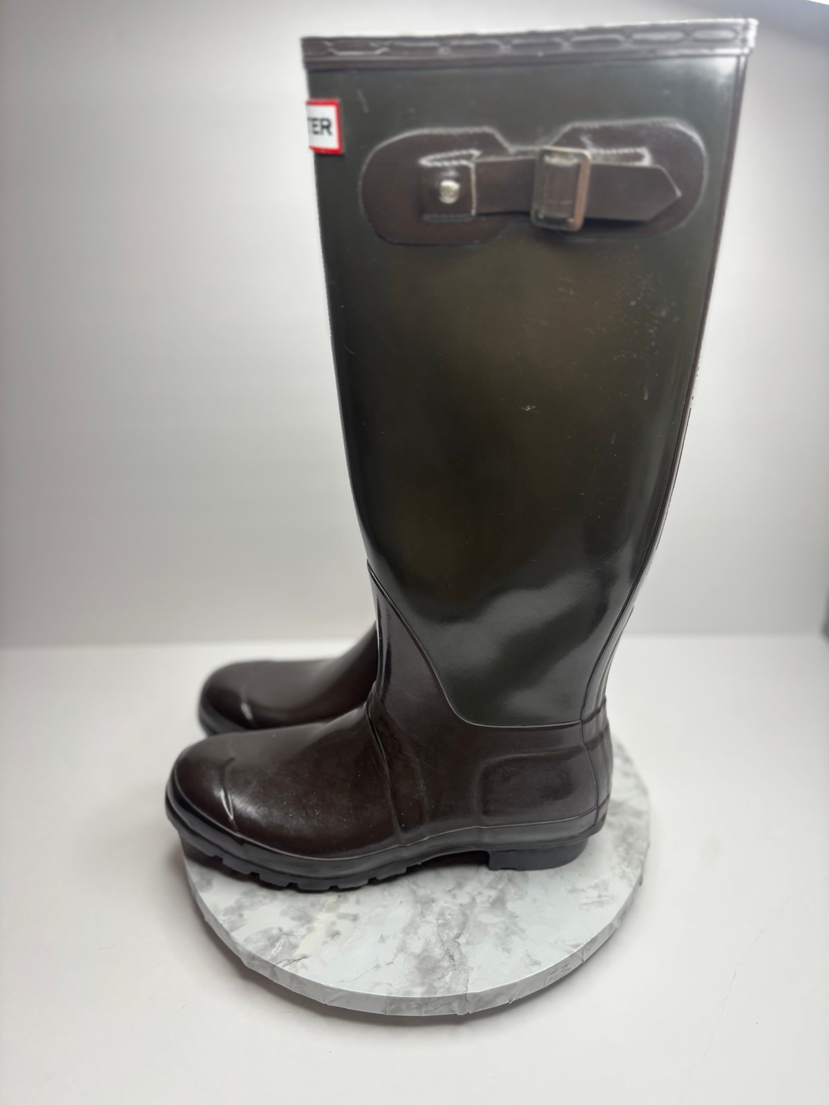 Size 8- Hunter Chocolate Brown Original Gloss Cap Toe Wingtip Rain Boots