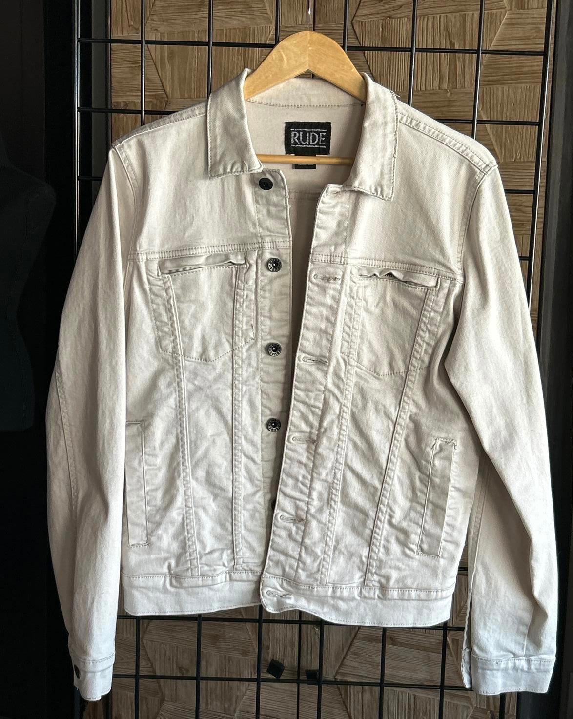 Rude Unisex Denim Jacket Small Off White Button Front Trucker Long Sleeve