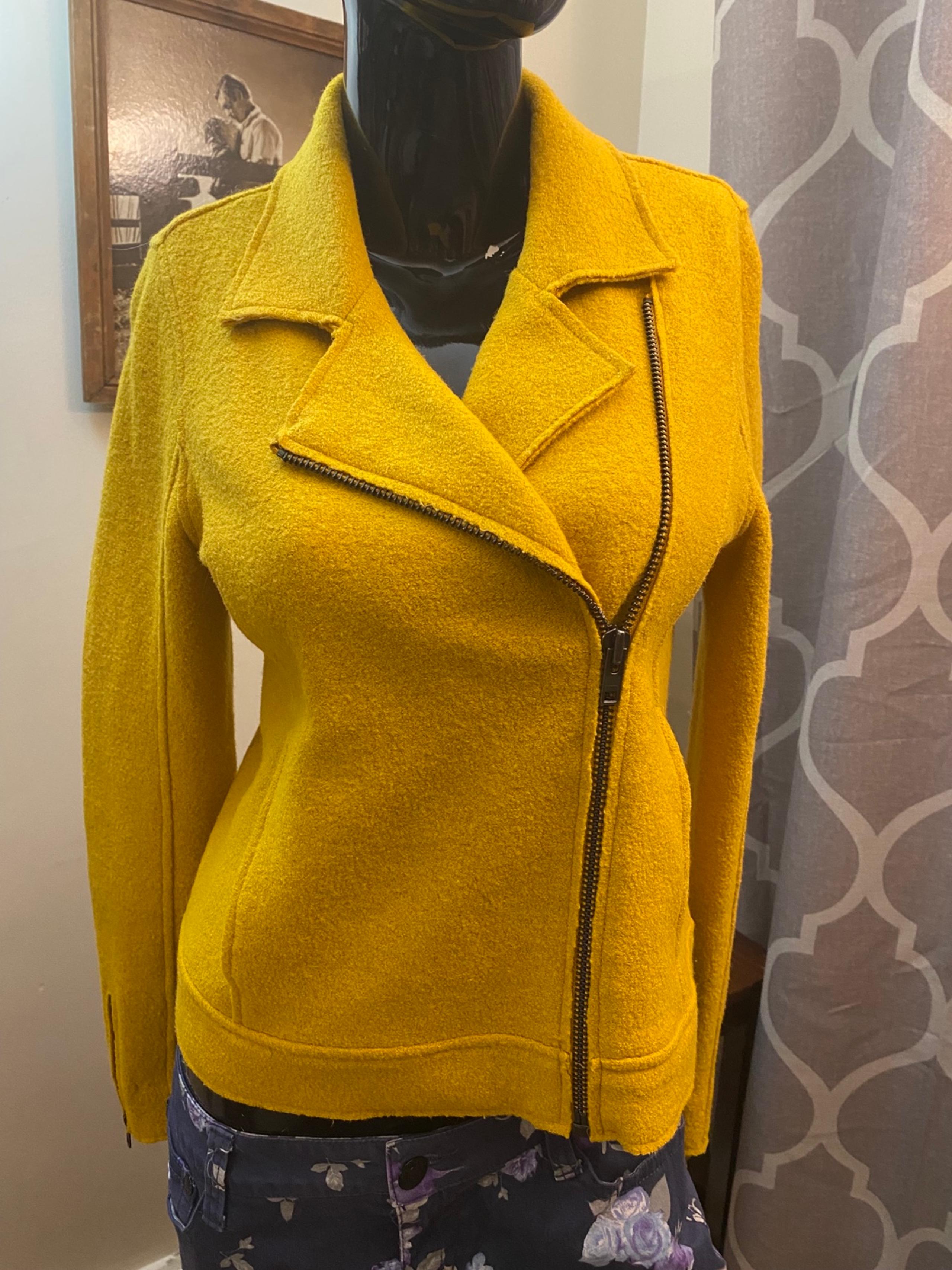 Tahary woman Moto Jacket size s/p Yellow Wool Viscose Coat Zip Up Collared