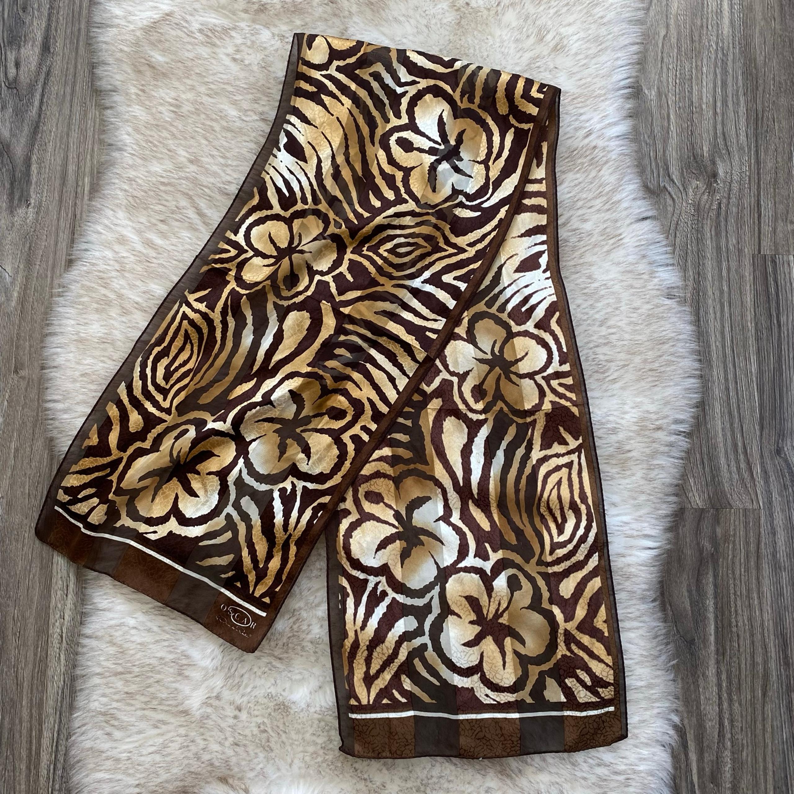 Vintage Oscar De La Renta Tropical Tiger Print Silk Scarf