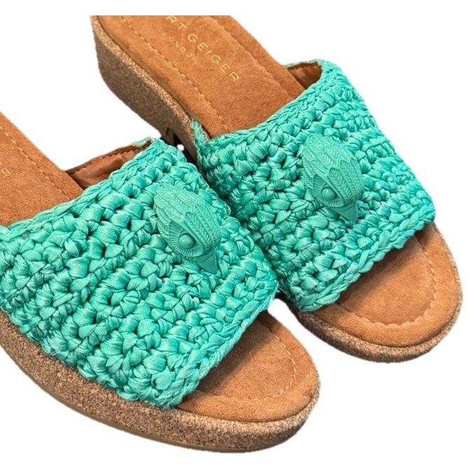 Kurt Geiger London Size 39- 8.5 Eagle Crochet Cork Slide Sandals In Green Color