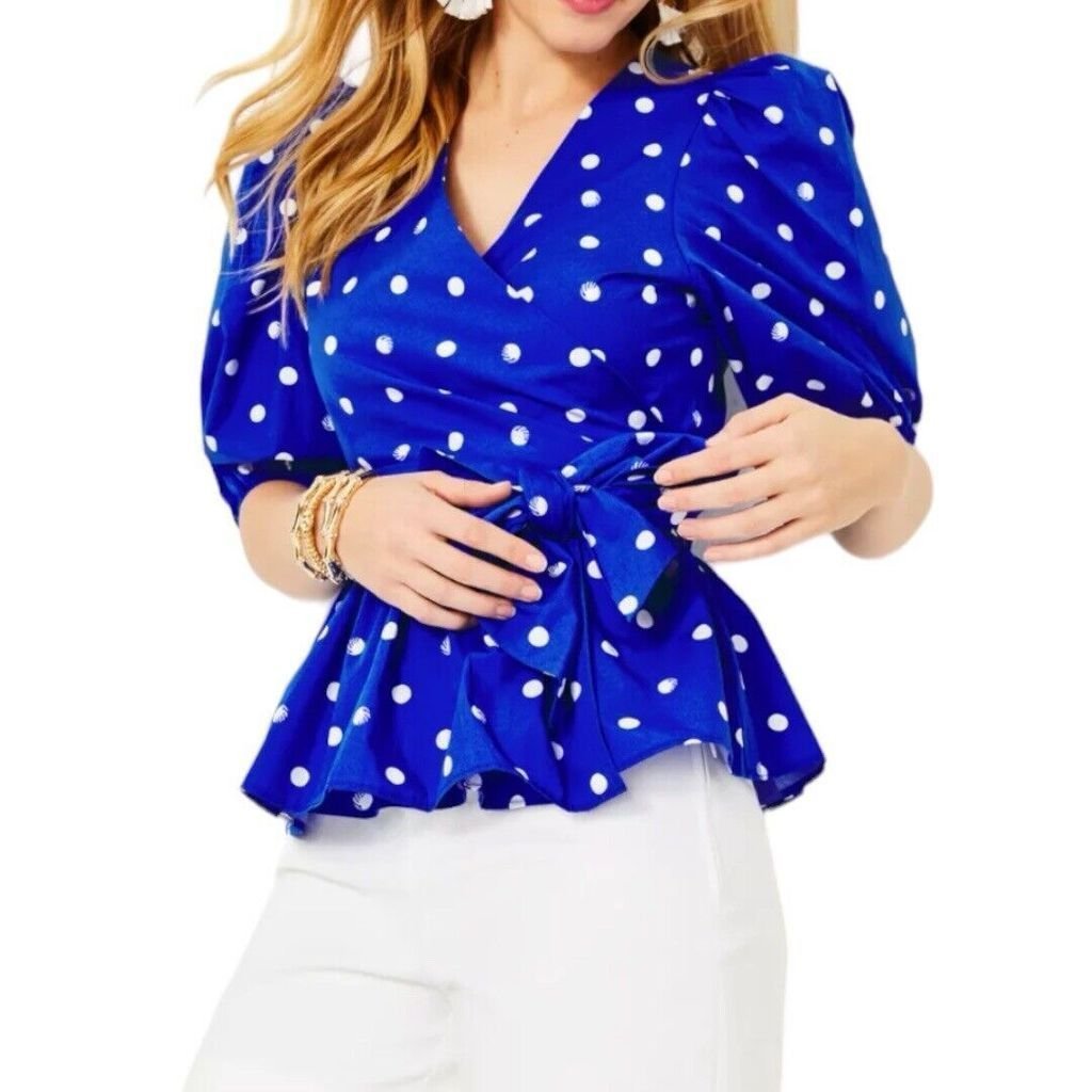 Lilly Pulitzer NWT Kara Wrap Top Blue Grotto Hotter Spot Size 8