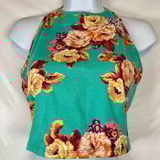 Vintage y2k Green Floral Open Back Adjustable Stretch Halter Tank Top New Large