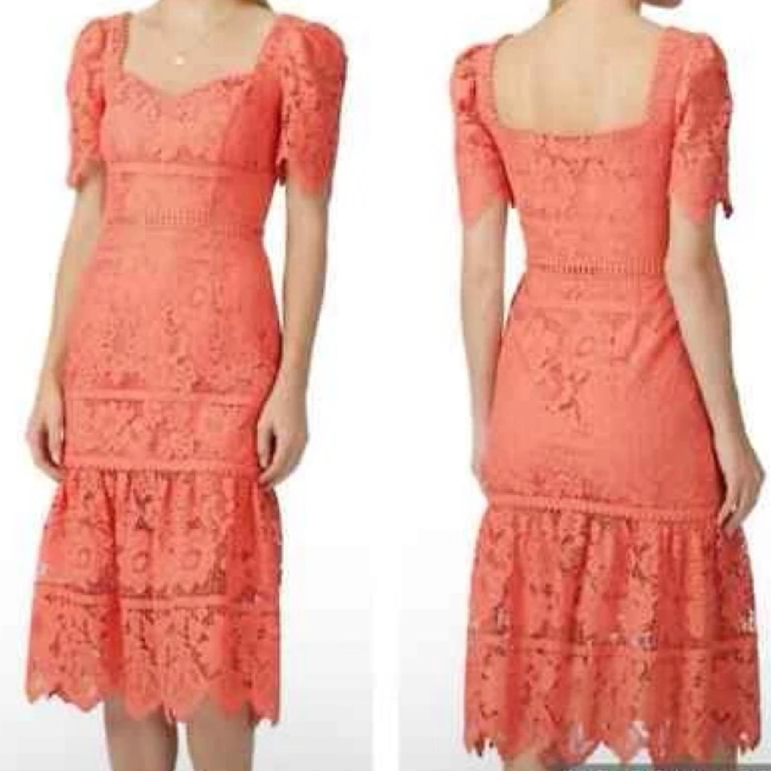 SAYLOR Midi Dress Size Large Lace Sweetheart Louisa Peach Summer Brunch Vacation