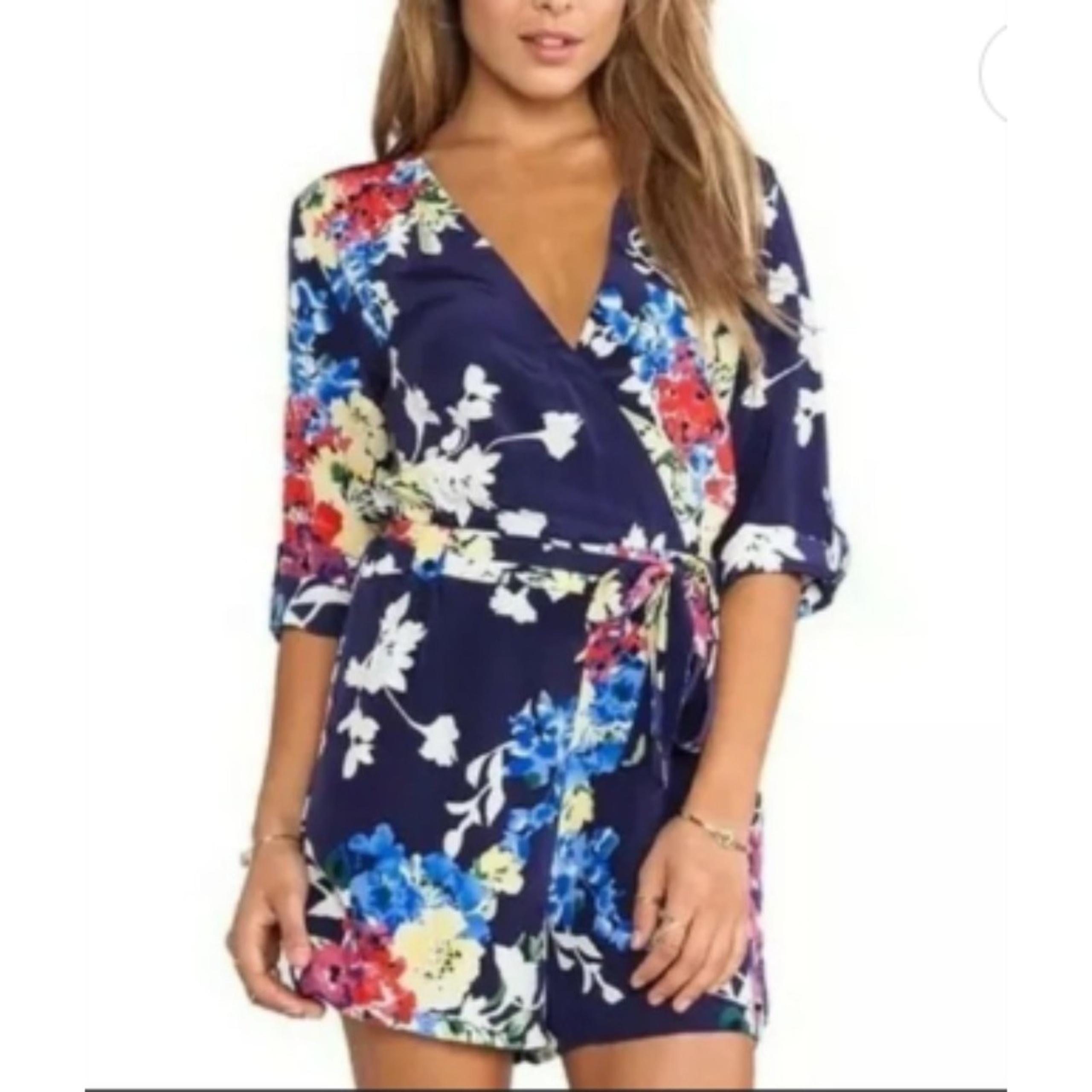 YUMI KIM Navy Blue Pink Floral Print Faux Wrap Roll Tab Sleeve Romper Size XS