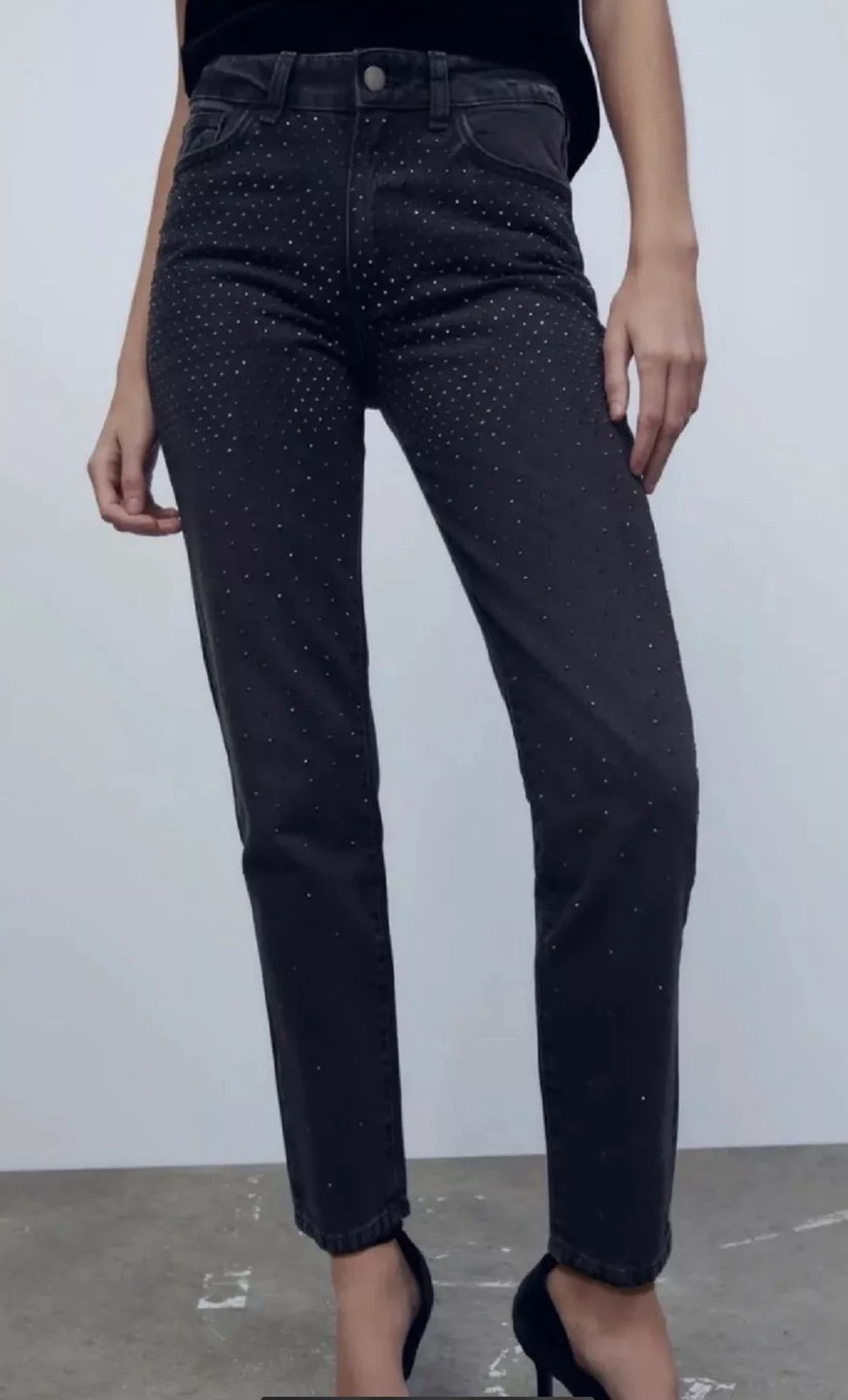 ZARA MID-WAIST THE SLIM WITH RHINESTONES JEANS PANT BLACK SZ 4 NWT 6045/040