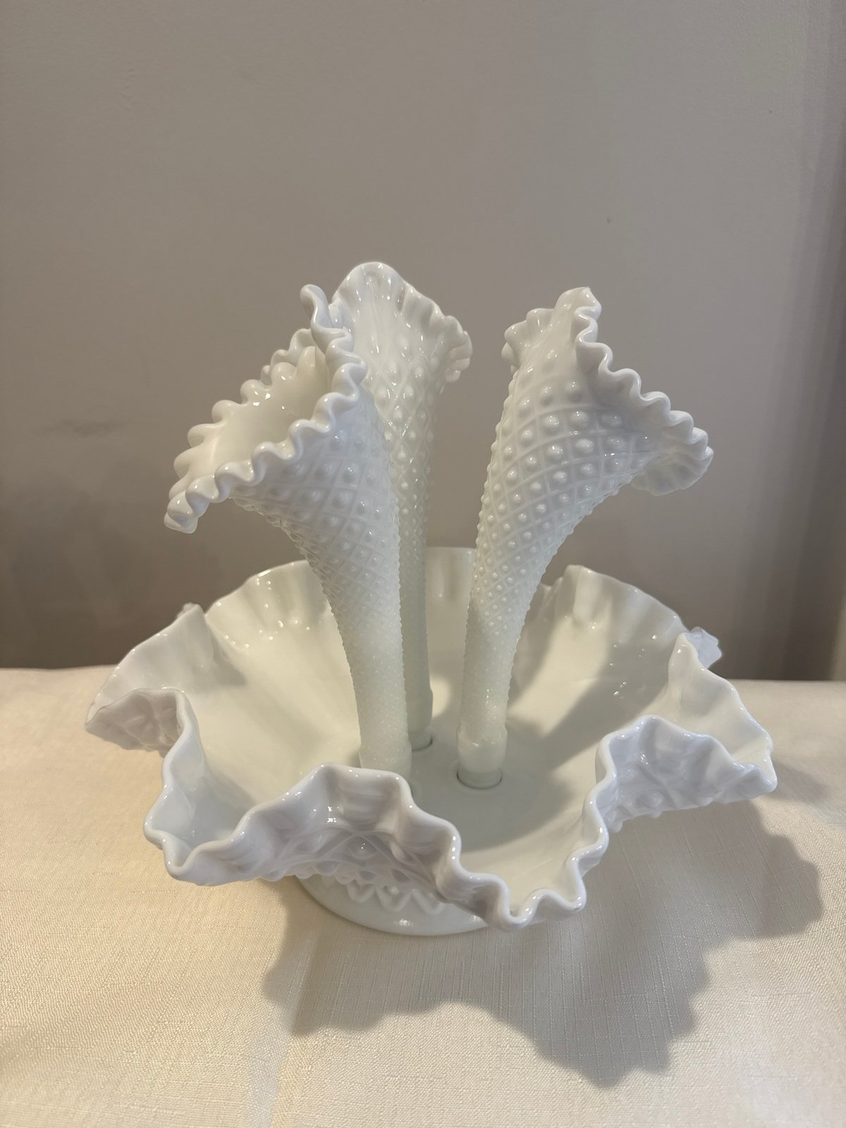 Fenton 3 horn diamond lace milk glass Epergnes