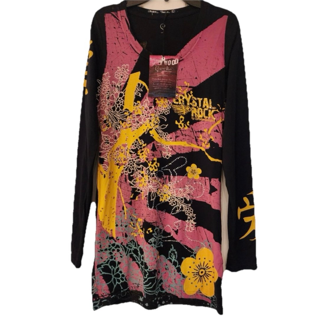 Christian Audigier Crystal Rock Tokyo Sun Tunic Women’s Black Size Small