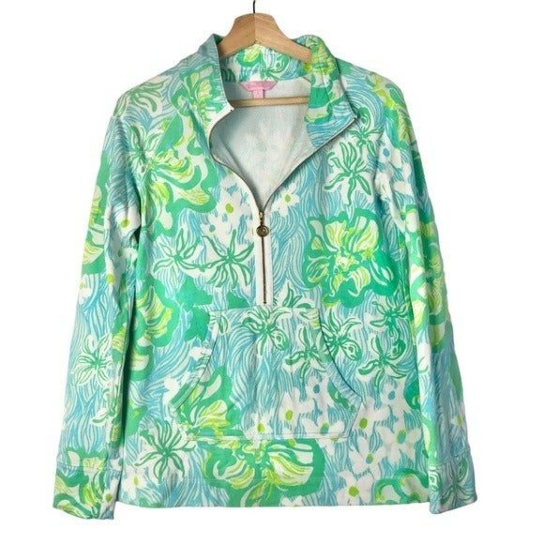 Lilly Pulitzer Skipper UPF 50 Green & Blue Floral Quarter Zip Pullover S