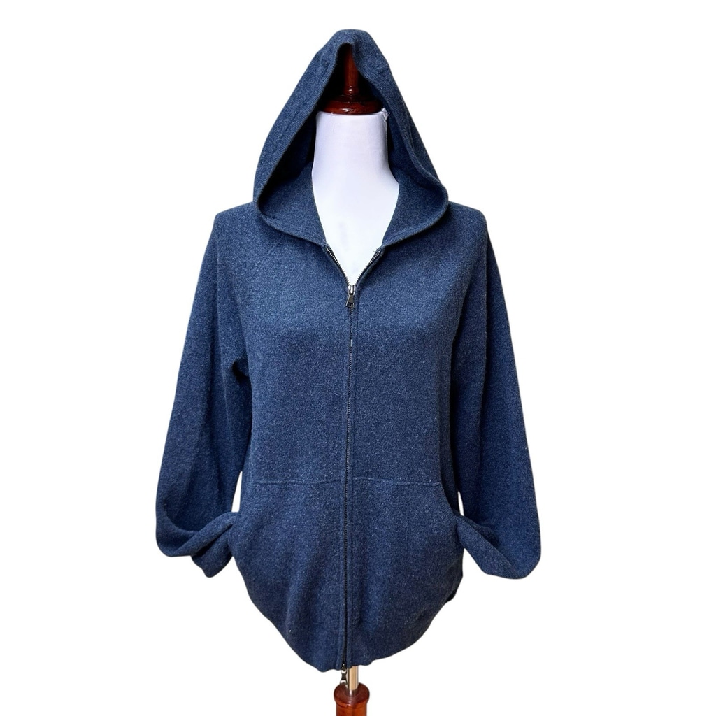 Vince Womens Blue Knit Wool Cashmere Full Zip Hooded Sweater Jacket Small