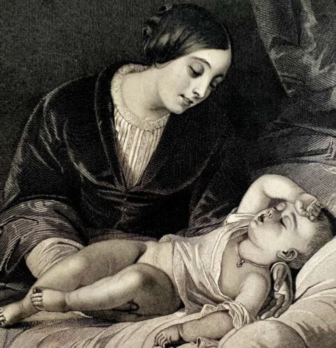 The Mothers Darling Sleeping Infant Steel Engraving 1859 Victorian Art DWY5C