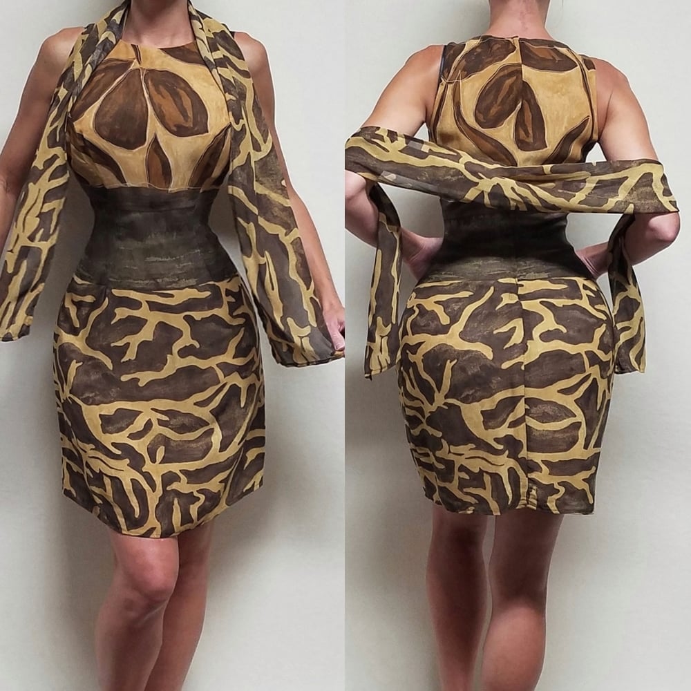 80s Vintage PG Collections Brown Giraffe Print Chiffon Mini Dress Scarf Set 6