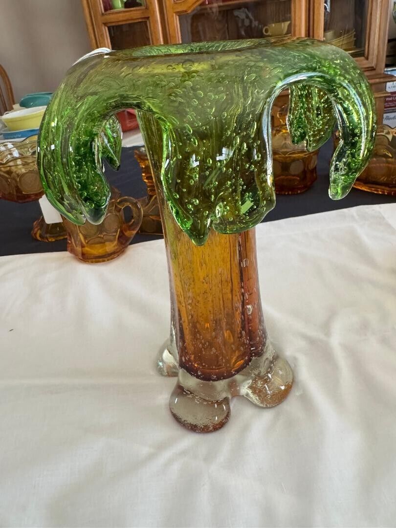 Contemporary Murano Style 10 inch Art Glass Green Gold or Amber Vase