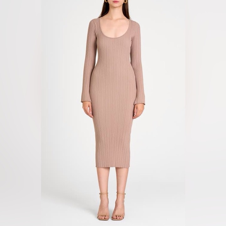 WAYF NWT Women’s Alexi Long Sleeve Rib Mauve Elegant Tan Ribbed Dress Size M