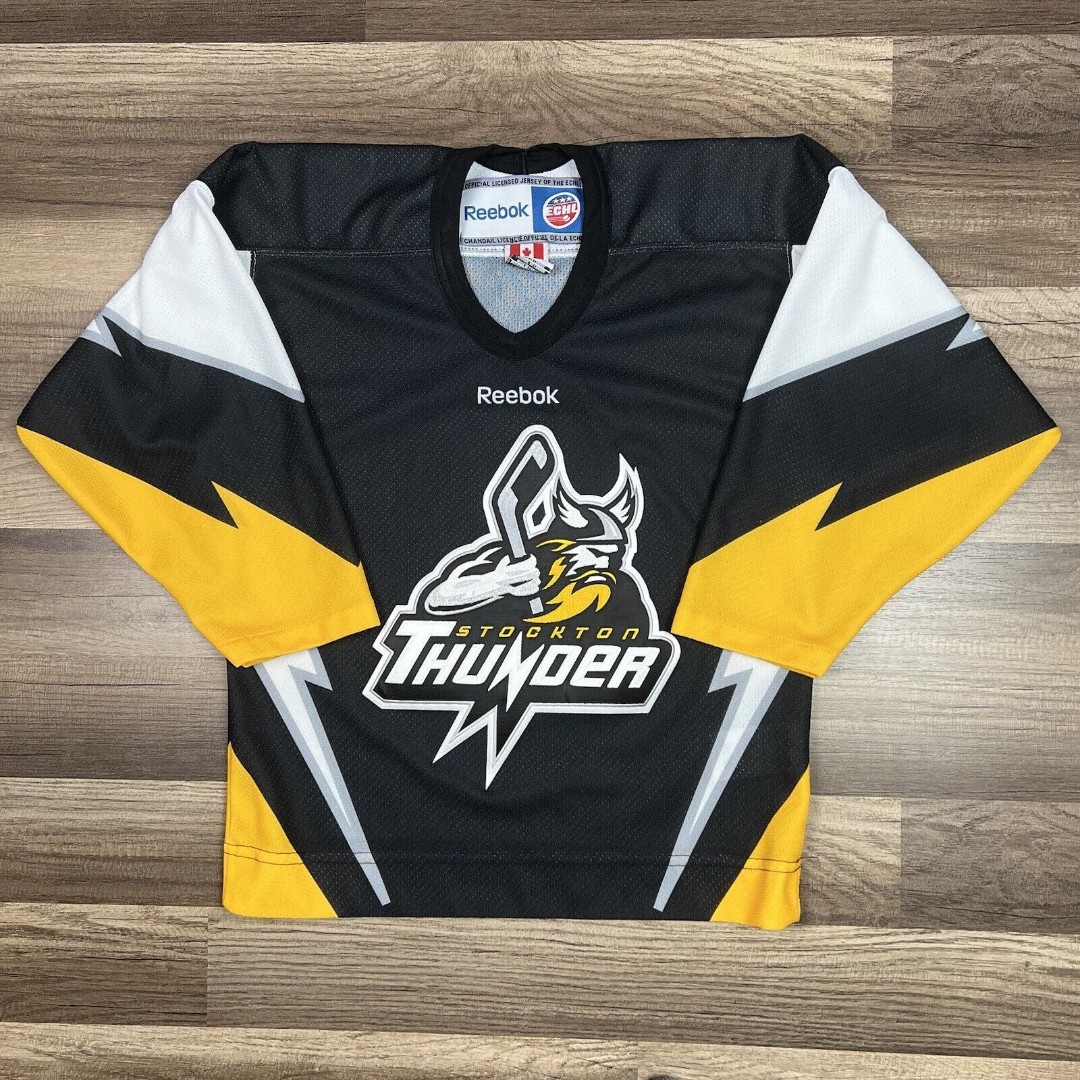 Reebok Stockton Thunder YOUTH Jersey Black Yellow White Colorblock ECHL Sz Small