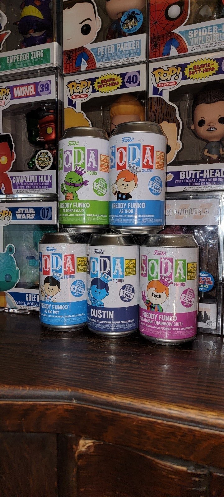 Funko Pop Soda Freddy Donatello, Dustin, Big Boy, Batman Rainbow, Thor Fundays