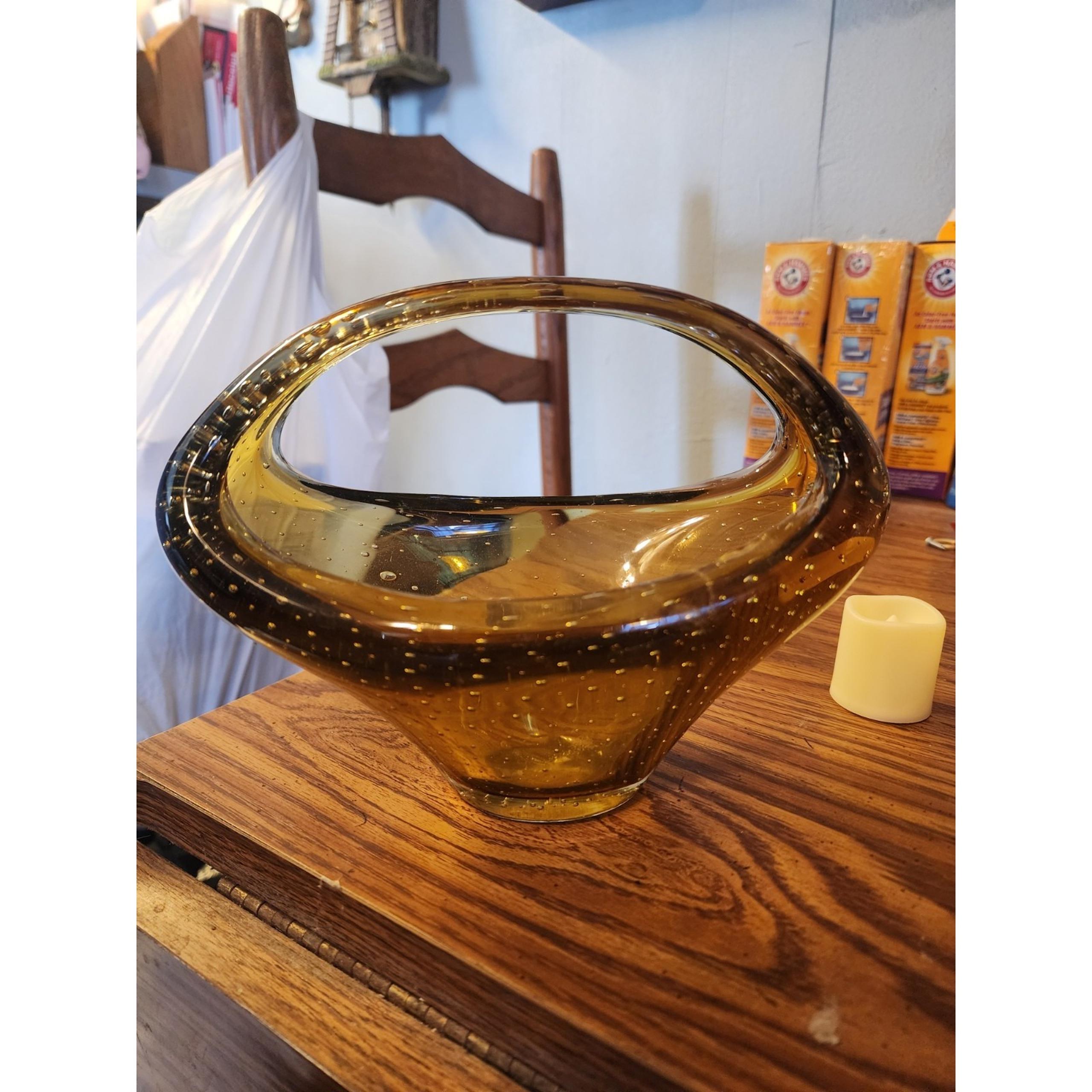 Vintage Murano Glass Controlled Bubble One Piece Art Basket Vase Rare Italy