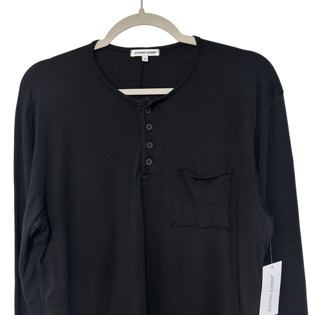 Cotton Citizen Henley Mens Sz Medium Black Long Sleeve Raw Rolled Hem Minimalist