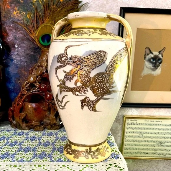VTG Made in Japan Porcelain China Large Gold Dragon Vase