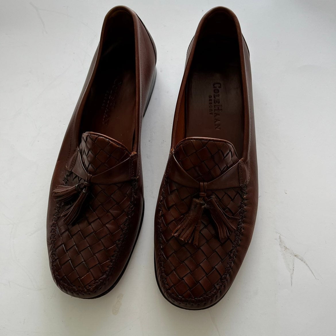 Loafers Cole Hahn mens tassel loafers dress shoes size 10 D Brown woven leather.