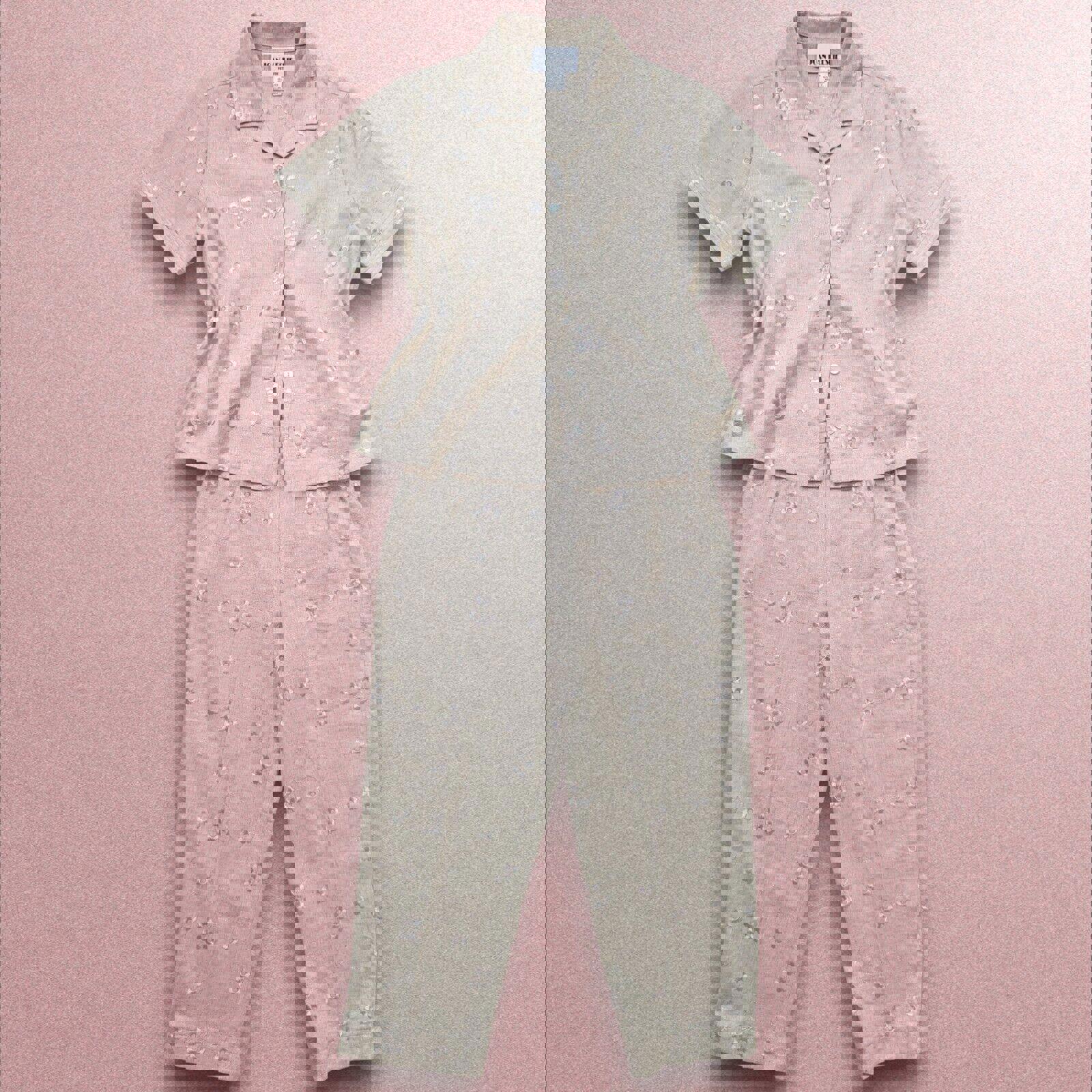 Vintage 90s Linen Blend Beige 2 Piece Short Sleeve Shirt + Ankle Pants Set