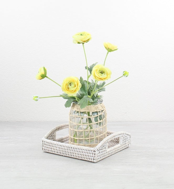 NEW Chic Small Square Rattan Décor Tray with Handles, Whitewash