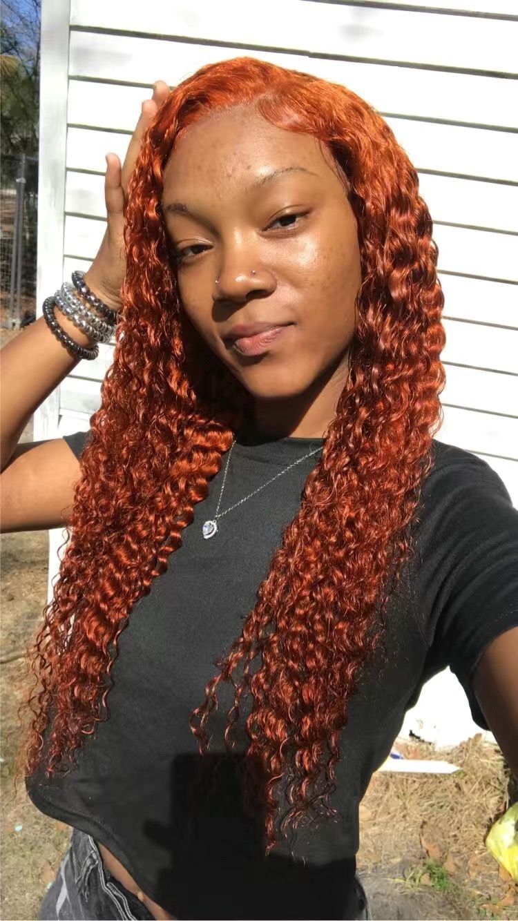 180% 10A Ginger Orange 13x4 Lace Front Human Hair Deep Curly Wig
