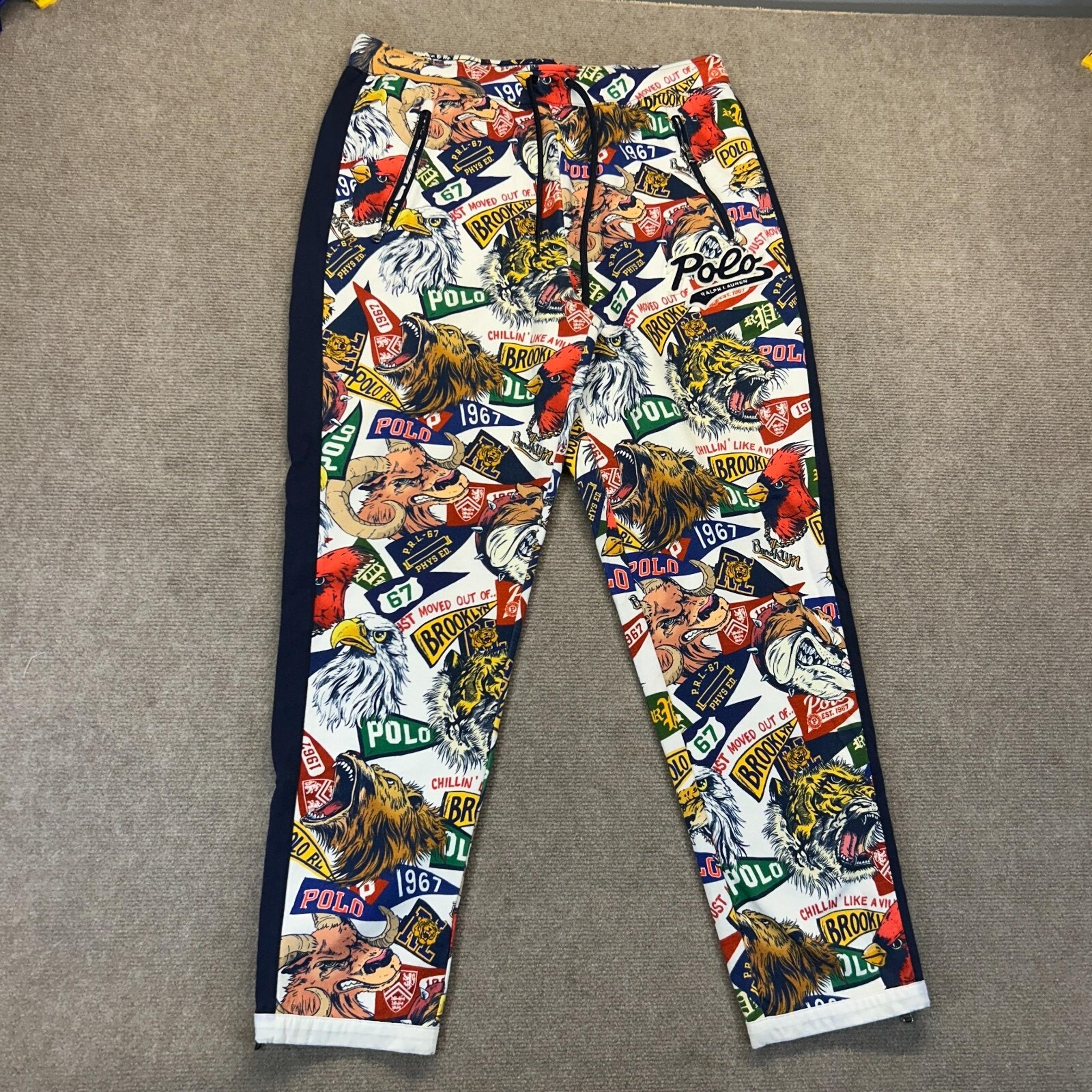 Polo Ralph Lauren Sweatpants Men's M Varsity Print AOP Pennant Mascot Ankle Zip