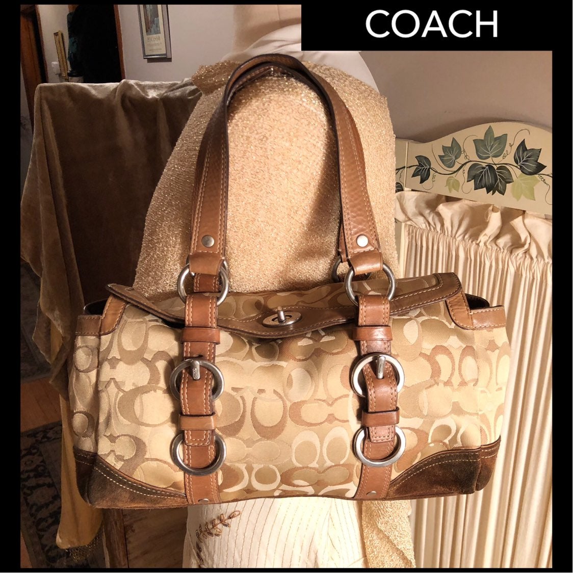 COACH FABRIC/LEATHER/SUEDE LOGO SATCHEL