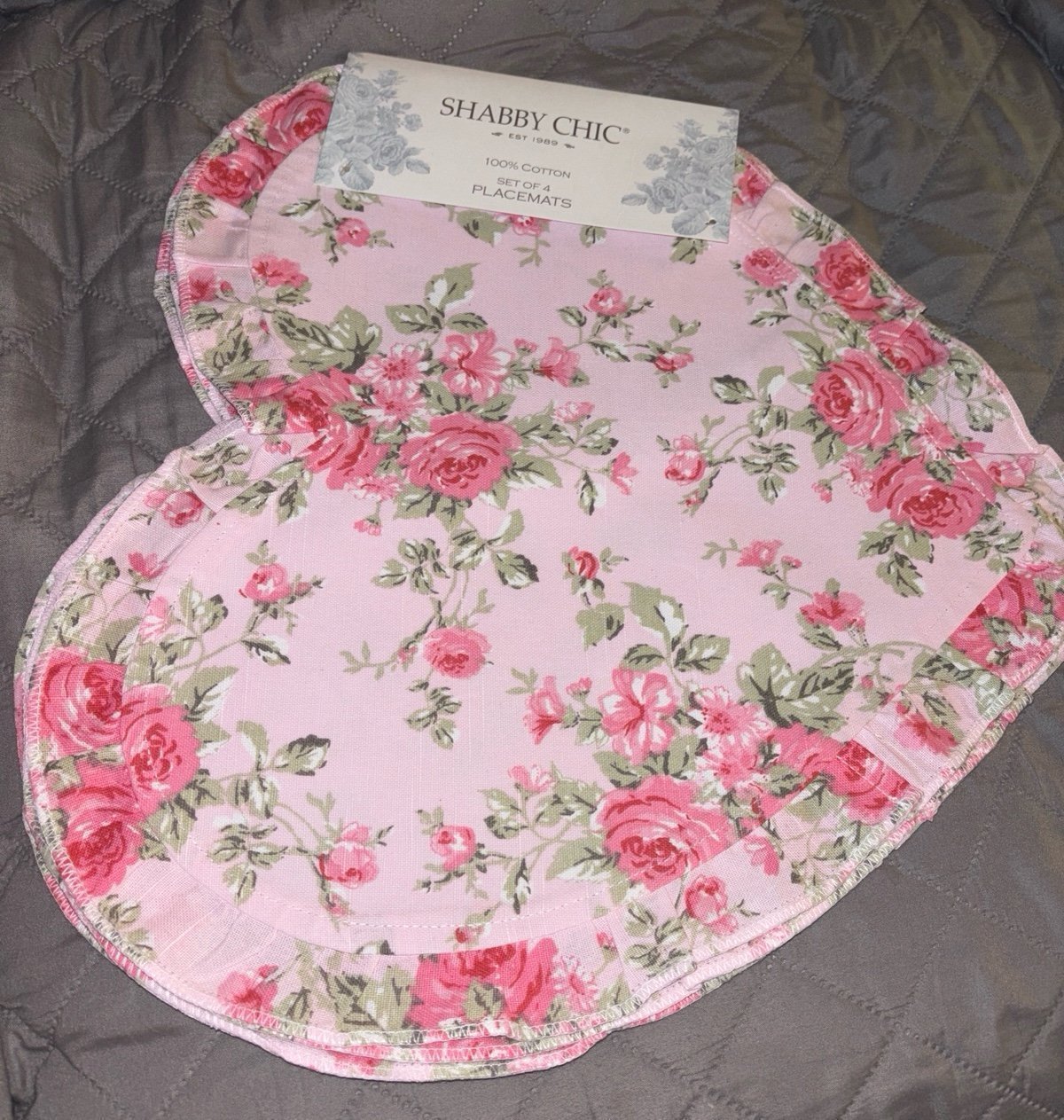 RESERVED—- Shabby Chic floral Pink Valentine’s heart placemats NEW 2 sets