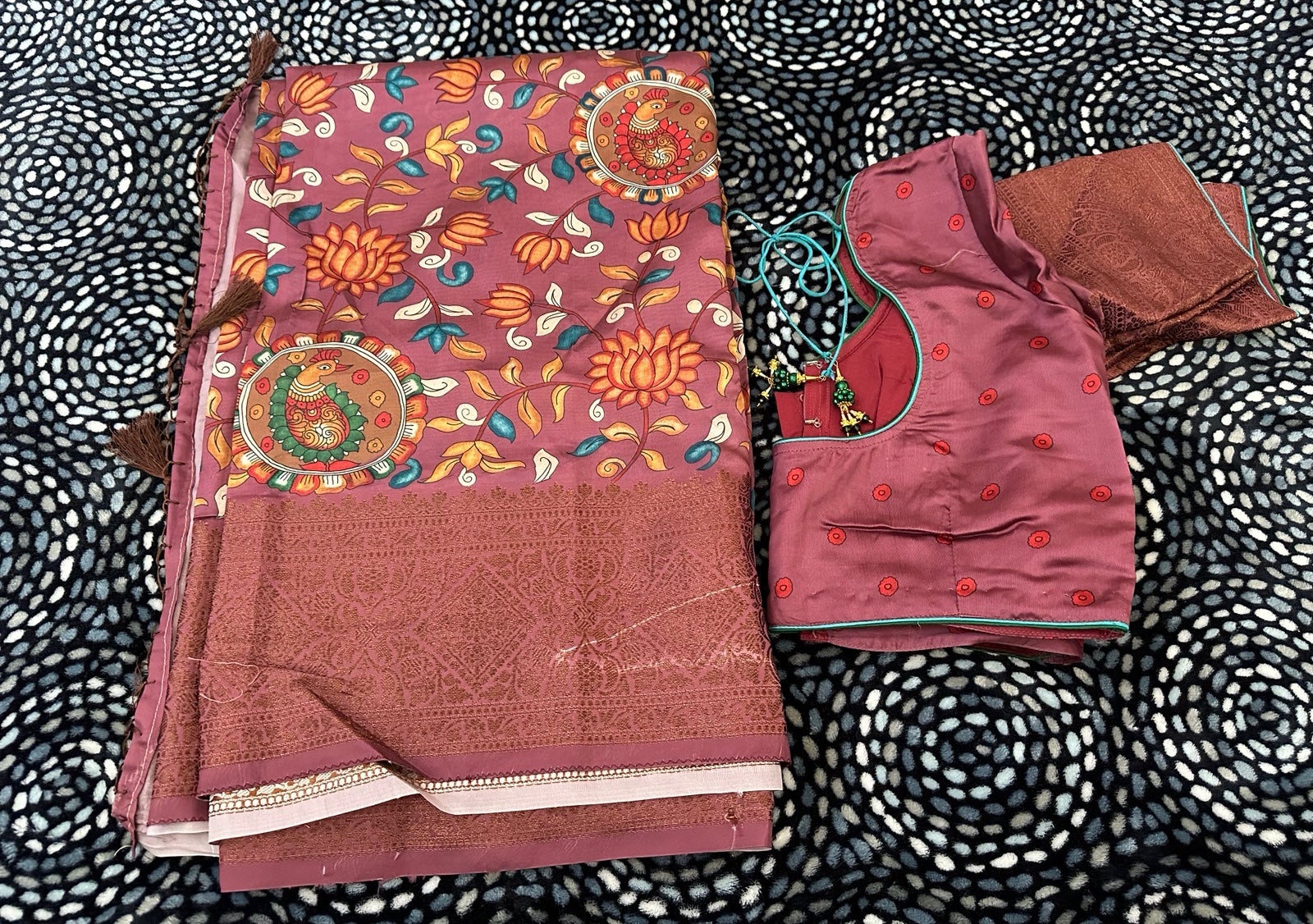 Indian Designer Saree Sari with Stitched Blouse Onion color with Floral print