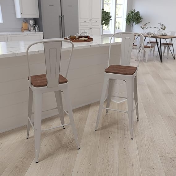 30 High White Metal Barstool with Back and Wood Seat