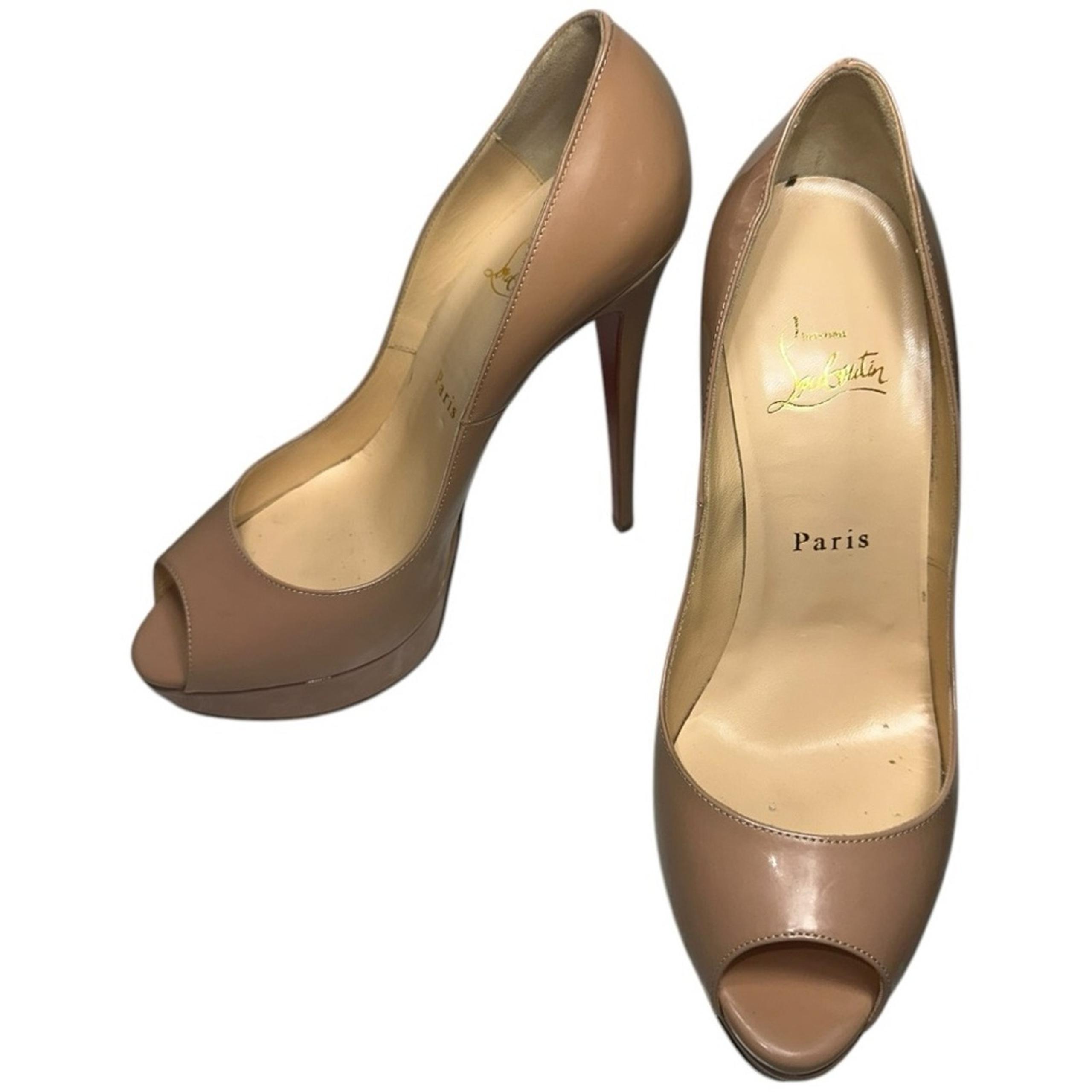 Christian Louboutin Women’s Size 38 Tan Beige Patent Leather Lady Peep Toe Pumps