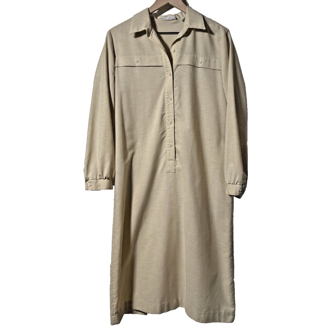 Vintage Lanvin Midi Button Up Shirt Dress Beige Minimalist Buttons Career Sz 14