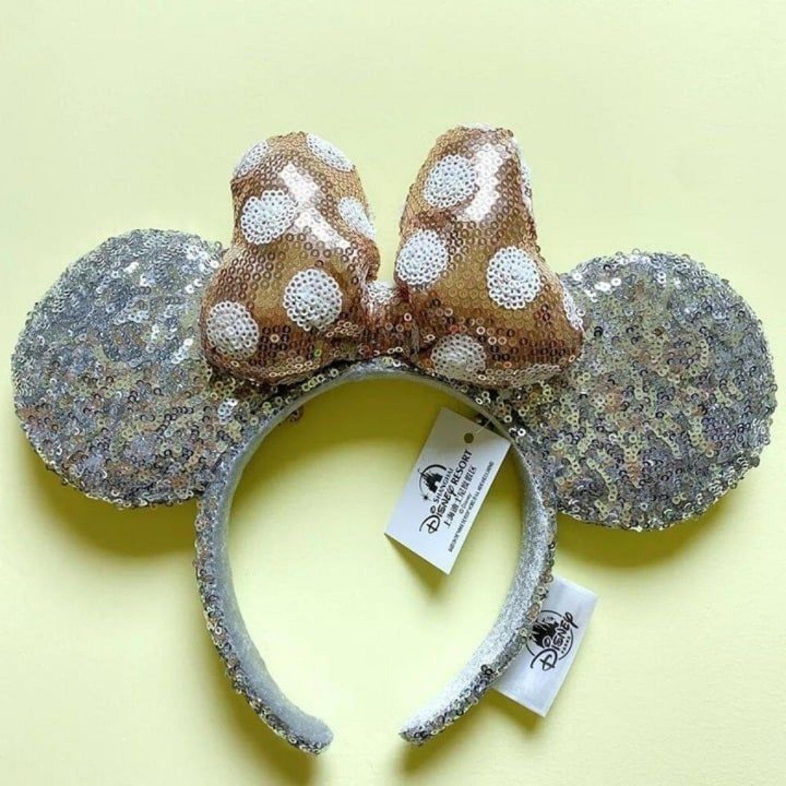 Disney Parks Silver Sequin Ears Rose Gold Polka Dot Bow Minnie Mouse Headband